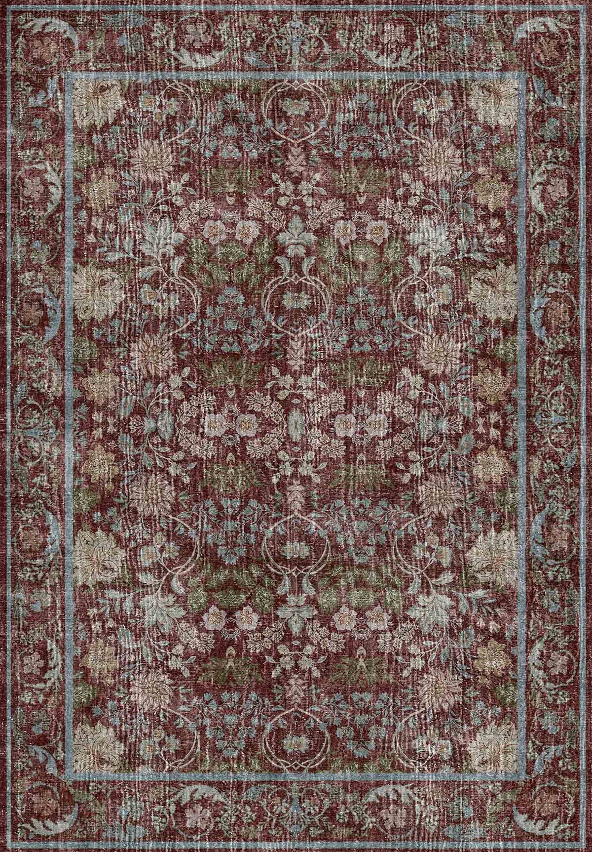 Deep red traditional rug with a distressed floral pattern in muted blue, green, and beige tones.