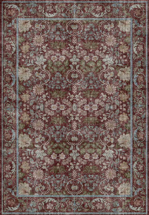 Load image 1 in gallery view. Deep red traditional rug with a distressed floral pattern in muted blue, green, and beige tones.