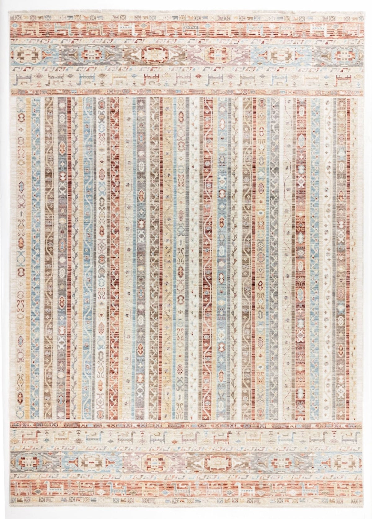 Multi-colored striped rug with intricate geometric patterns and horizontal borders featuring stylized animal motifs.