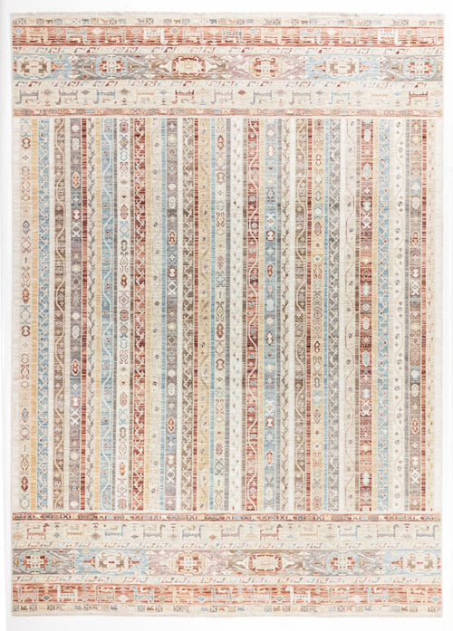 Load image 1 in gallery view. Multi-colored striped rug with intricate geometric patterns and horizontal borders featuring stylized animal motifs.