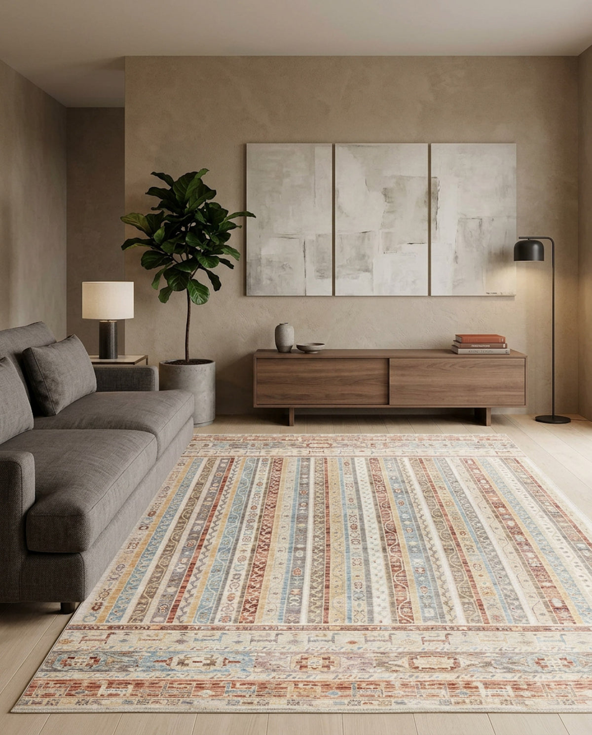 Multi-colored striped rug with distressed geometric patterns, styled in a modern living room.