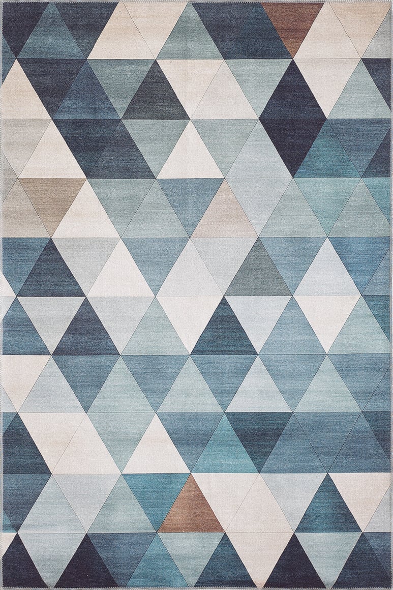 The Cubism Collage Blue Washable Rug - MDJ008 features a geometric diamond grid with repeating triangles in blue, teal, gray, beige, and brown—ideal for high-traffic areas and easy to clean.