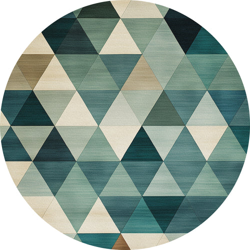 Load image 1 in gallery view. The Cubism Collage Blue Washable Rug - MDJ008 (Custom Size) features a round shape with overlapping blue, teal, green, cream, and beige triangles in a modern geometric pattern—durable, washable, and perfect for high-traffic areas.