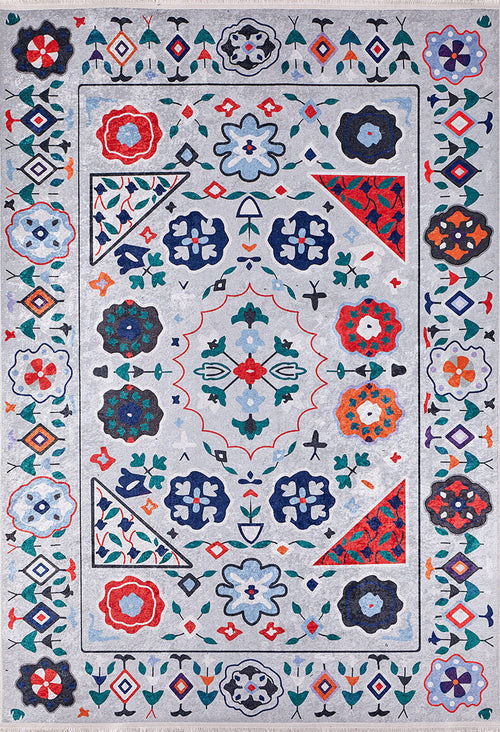 Bild 1 in Galerieansicht laden. The Desert Drift - Washable Rug - JR1523 (Custom Size) showcases a light gray backdrop with vibrant floral and geometric patterns around a central medallion, making it ideal for high-traffic areas and simple to clean.