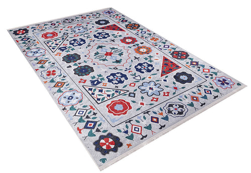 Bild 1 in Galerieansicht laden. The Desert Drift - Washable Rug - JR1523 (Custom Size) is a rectangular multicolor rug with a light gray background, colorful floral and geometric patterns, and a decorative border—perfect for high-traffic areas.