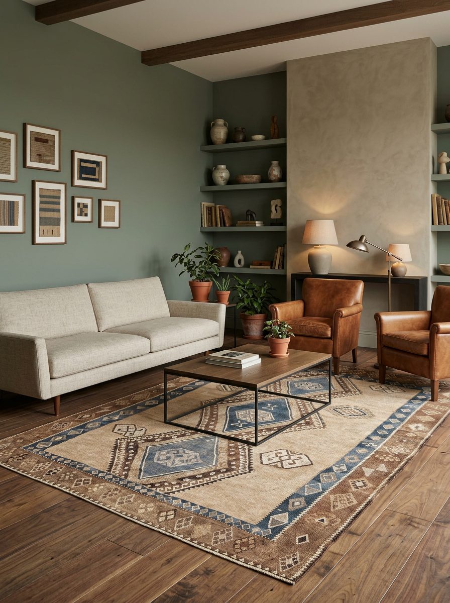 Beige and blue traditional rug with geometric diamond patterns, styled in a living room with leather armchairs.