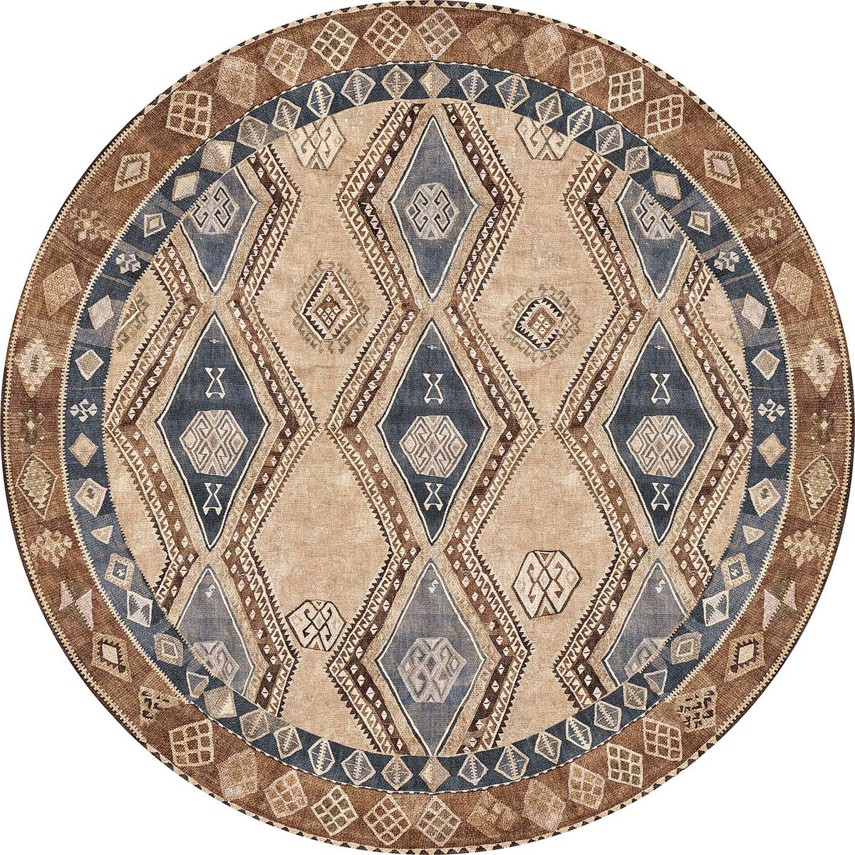 Round rug in tan, brown, and slate blue featuring a geometric diamond pattern with tribal-inspired motifs.