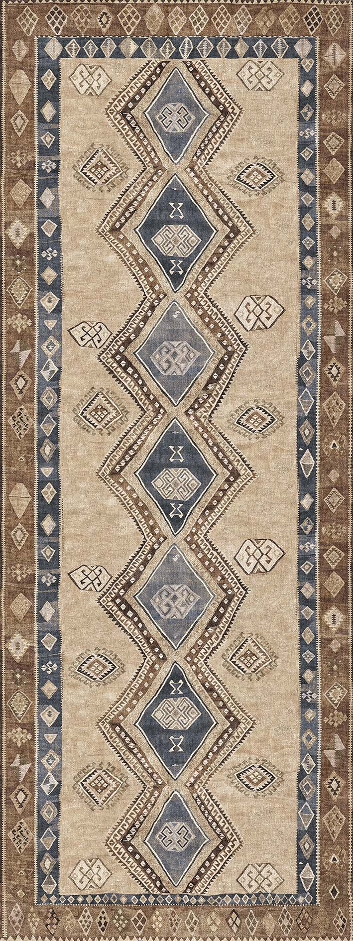 Tan runner rug with a central column of blue diamonds, geometric tribal motifs, and a dark brown decorative border.