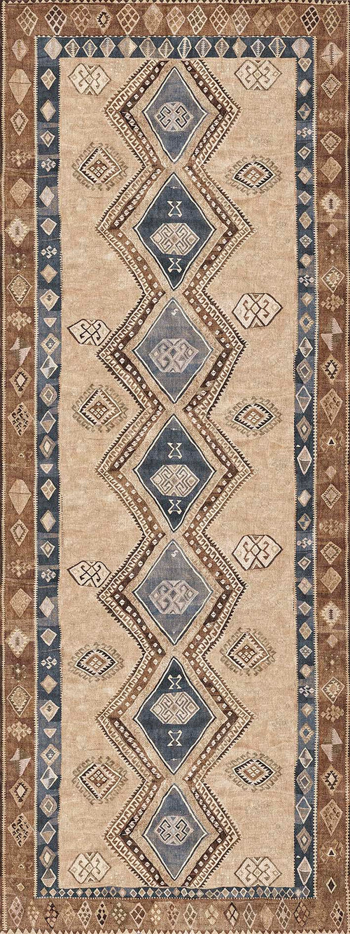 Load image 1 in gallery view. Tan runner rug with a central column of blue diamonds, geometric tribal motifs, and a dark brown decorative border.