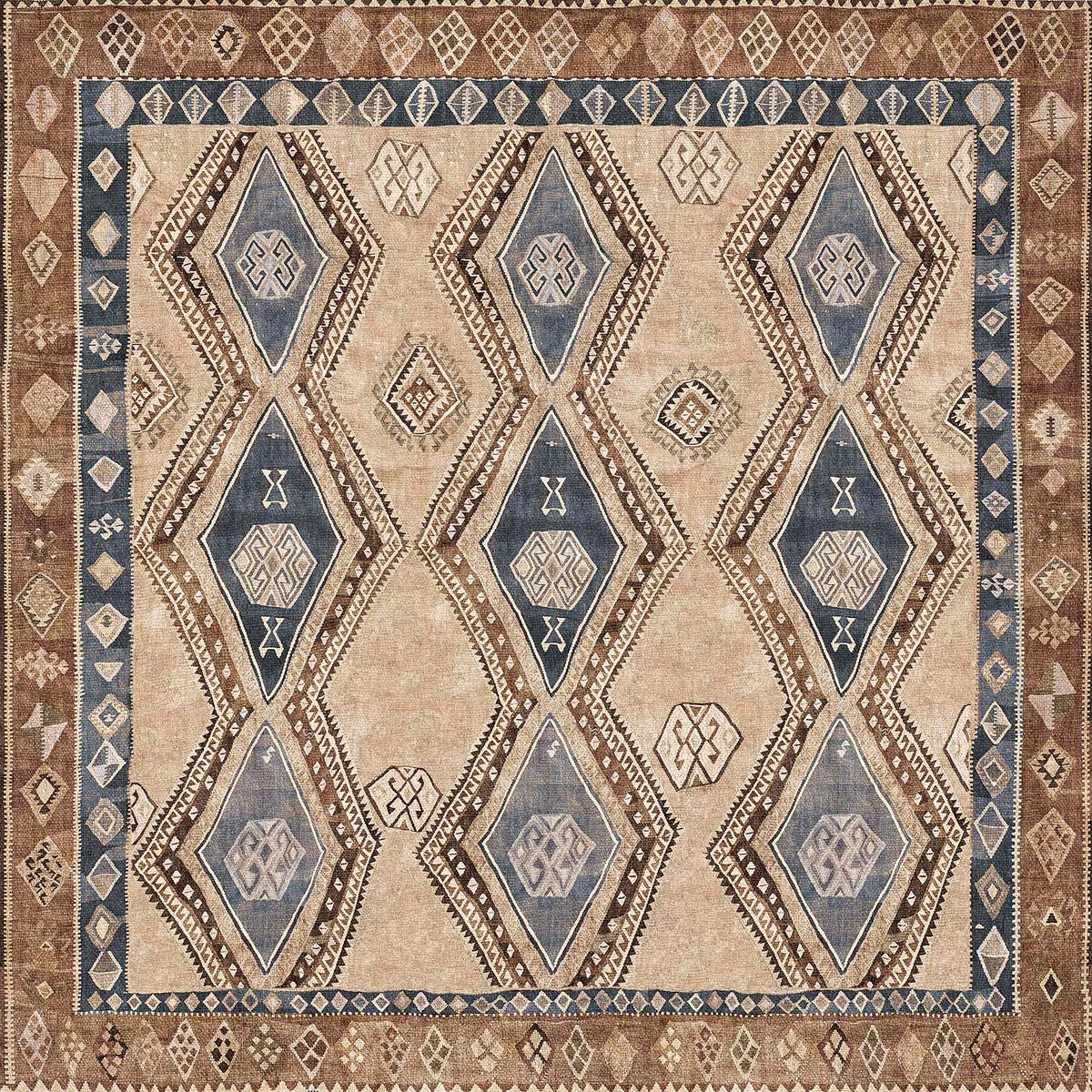 Tan and blue rug with a geometric diamond pattern, featuring a dark brown border with small diamond motifs.