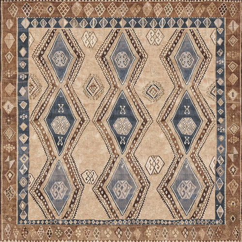 Load image 1 in gallery view. Tan and blue rug with a geometric diamond pattern, featuring a dark brown border with small diamond motifs.