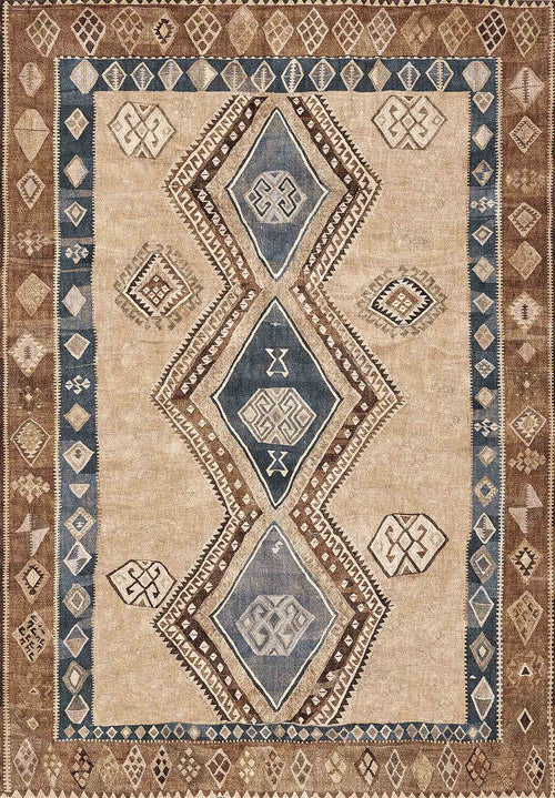 Load image 1 in gallery view. Tan, brown, and blue rug with a central column of three large diamonds and geometric border motifs.