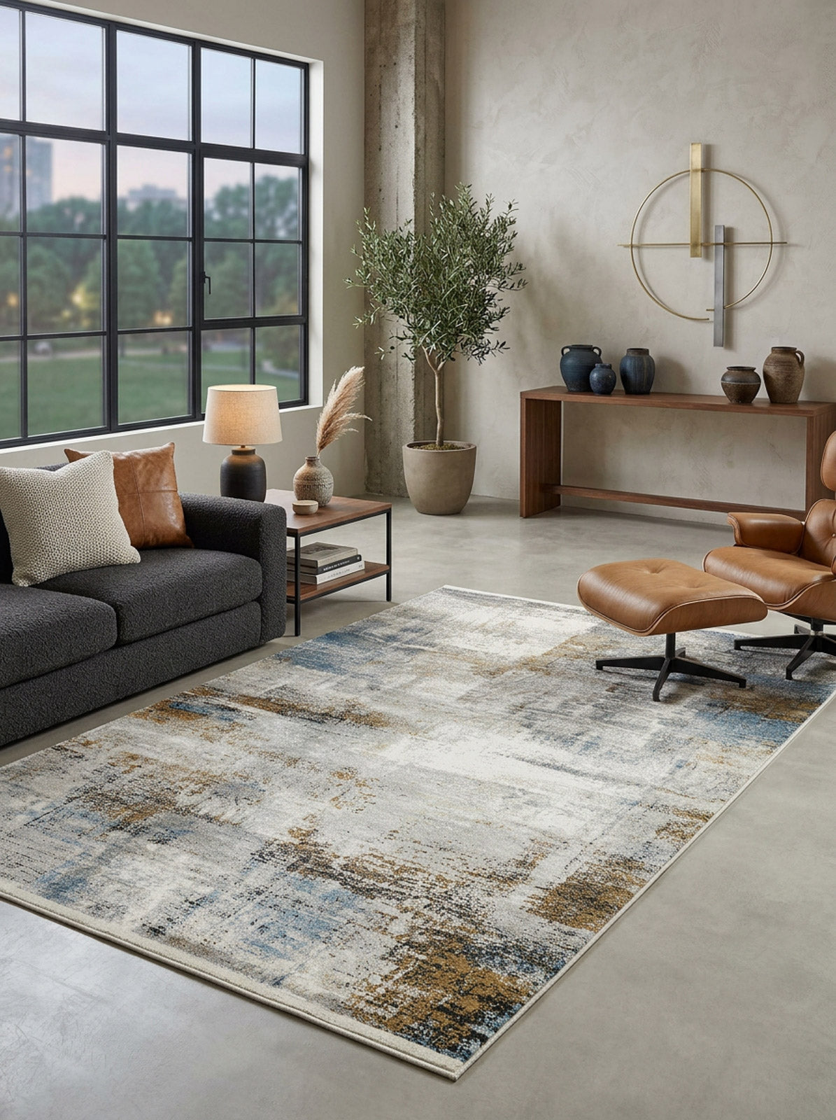 Blue, gold, and grey abstract distressed area rug styled in a modern living room.