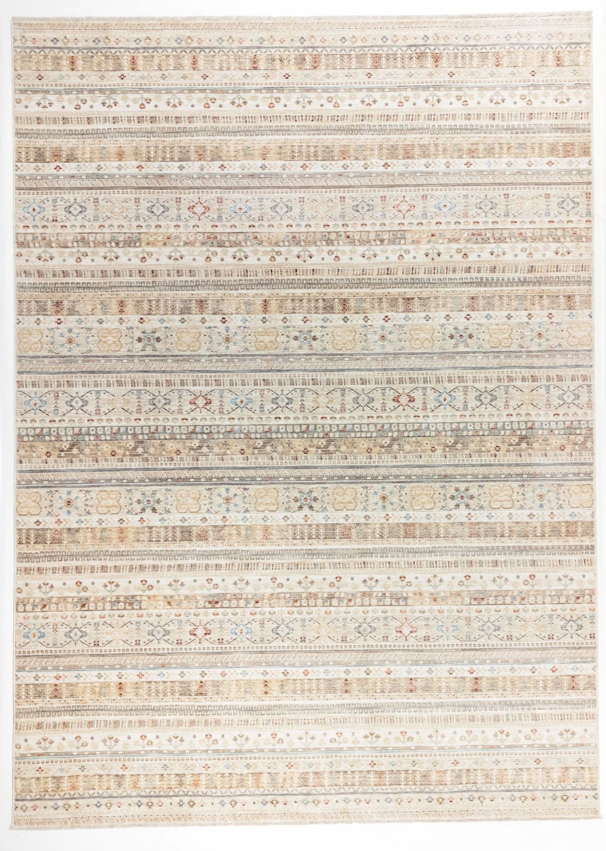 Beige area rug with horizontal bands of intricate geometric, floral, and diamond patterns in muted blue, rust, and tan.