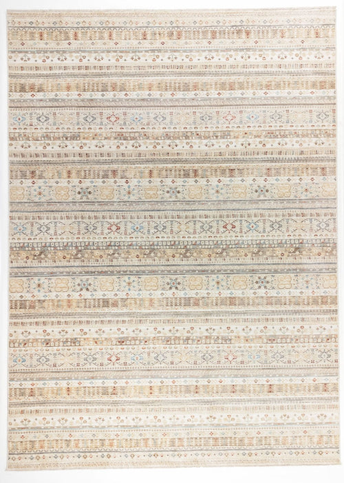 Load image 1 in gallery view. Beige area rug with horizontal bands of intricate geometric, floral, and diamond patterns in muted blue, rust, and tan.