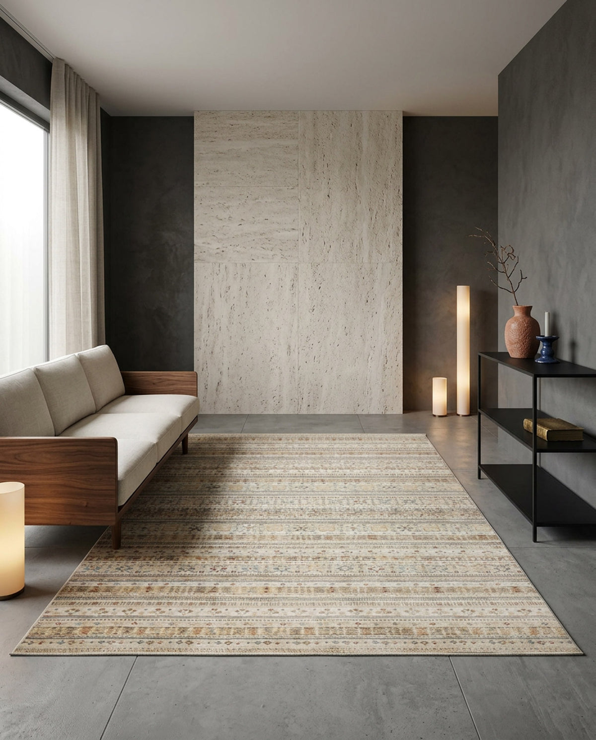 Beige and multi-colored striped rug with a repeating geometric pattern, styled in a modern living room.