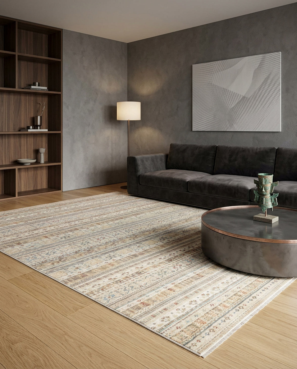 Beige and grey striped rug with a faded floral pattern, styled in a modern living room.