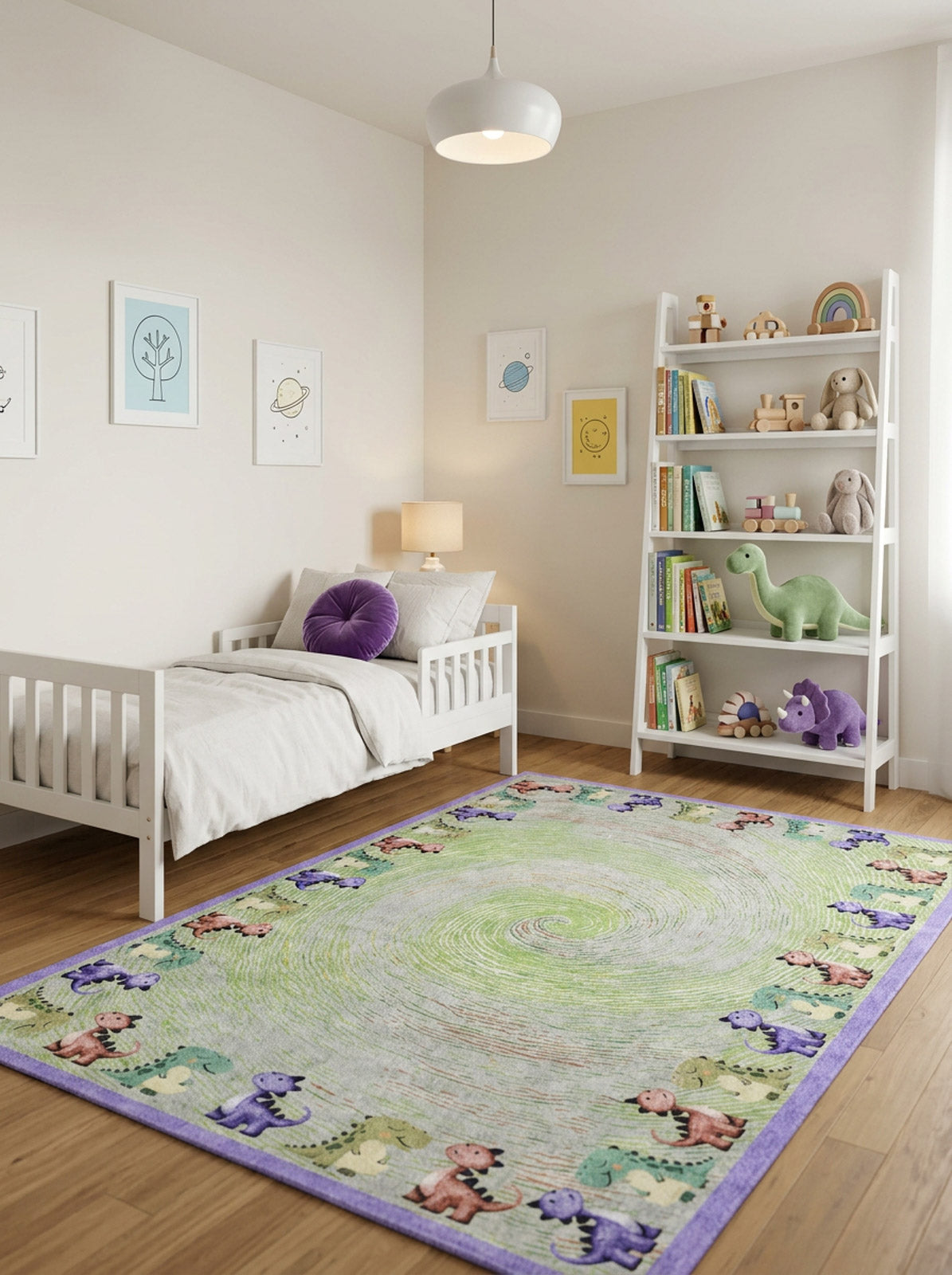 Green swirl-patterned rug with a dinosaur border, styled in a child's bedroom.