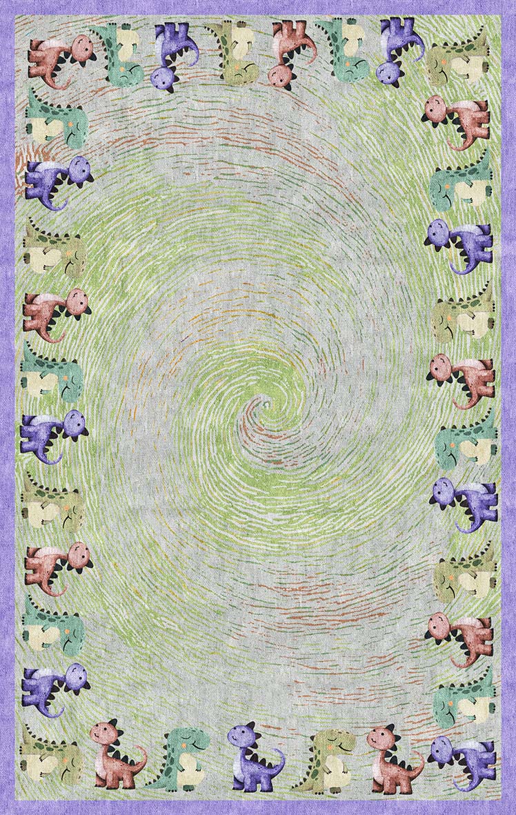 Green and grey rug with a central swirl pattern and a border of colorful cartoon dinosaurs on a purple background.