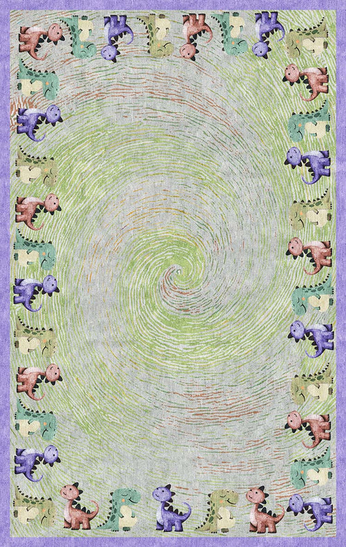 Load image 1 in gallery view. Green and grey rug with a central swirl pattern and a border of colorful cartoon dinosaurs on a purple background.