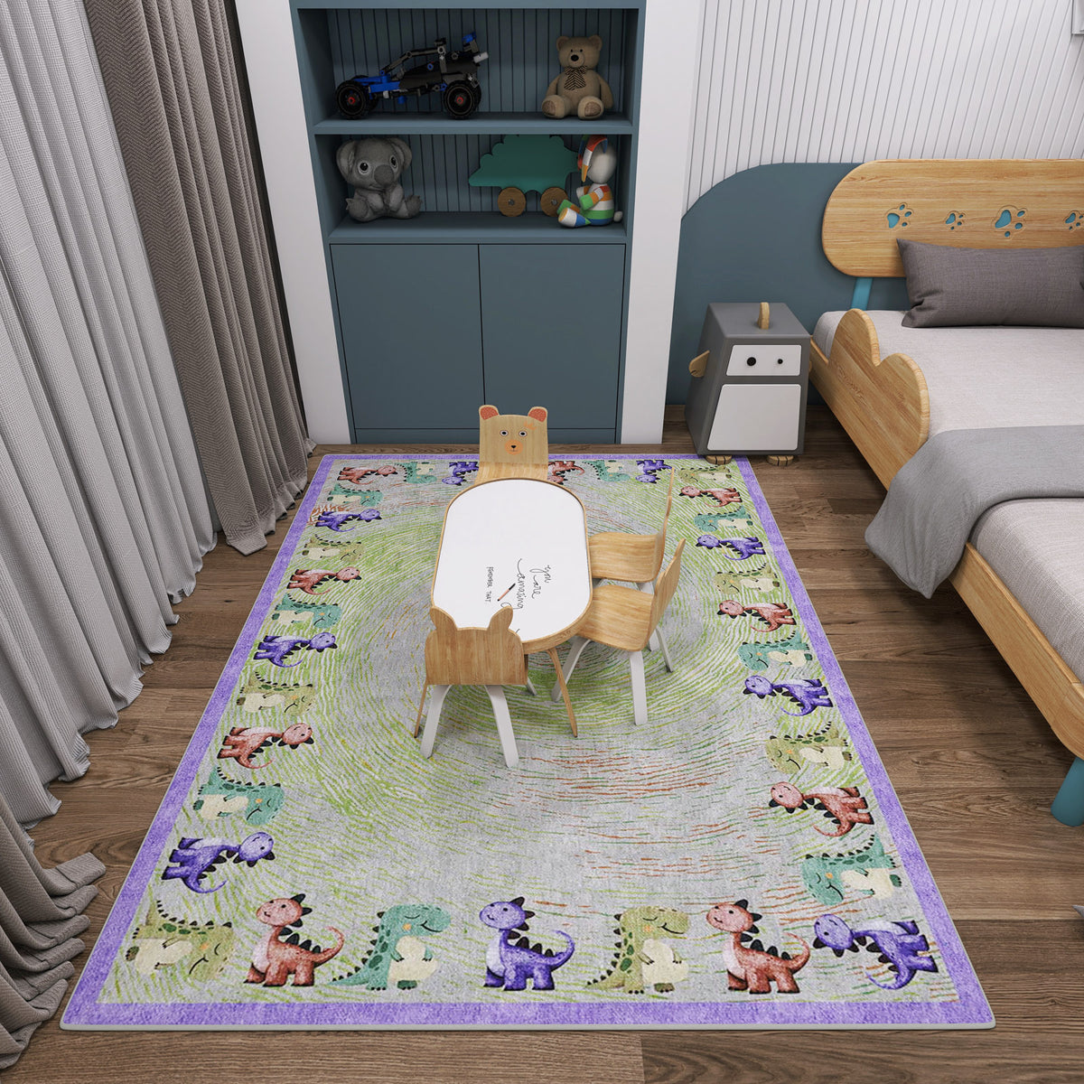Light green and grey rug with a dinosaur border and purple trim, styled in a children's bedroom.