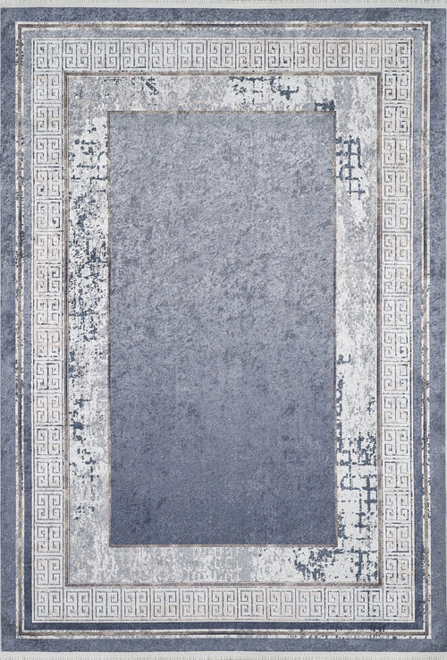 Load image 1 in gallery view. The Dramatic Boundaries - Washable Rug - JR1810 (Custom Size) features a faded blue center with distressed white Greek key borders, offering a vintage look that adds character and durability to high-traffic areas.