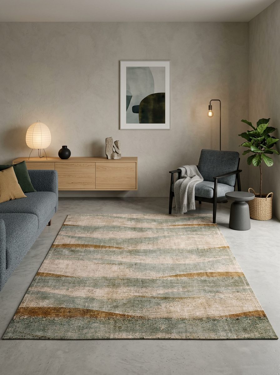 Beige, sage green, and ochre rug with a distressed horizontal wave pattern, styled in a modern living room.