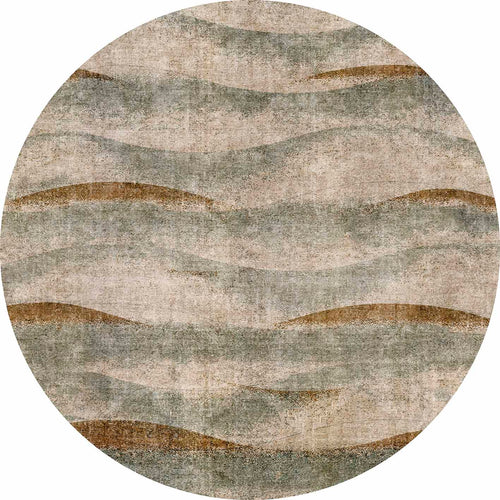 Load image 1 in gallery view. Round rug with a distressed, wavy horizontal stripe pattern in shades of beige, sage green, and copper brown.