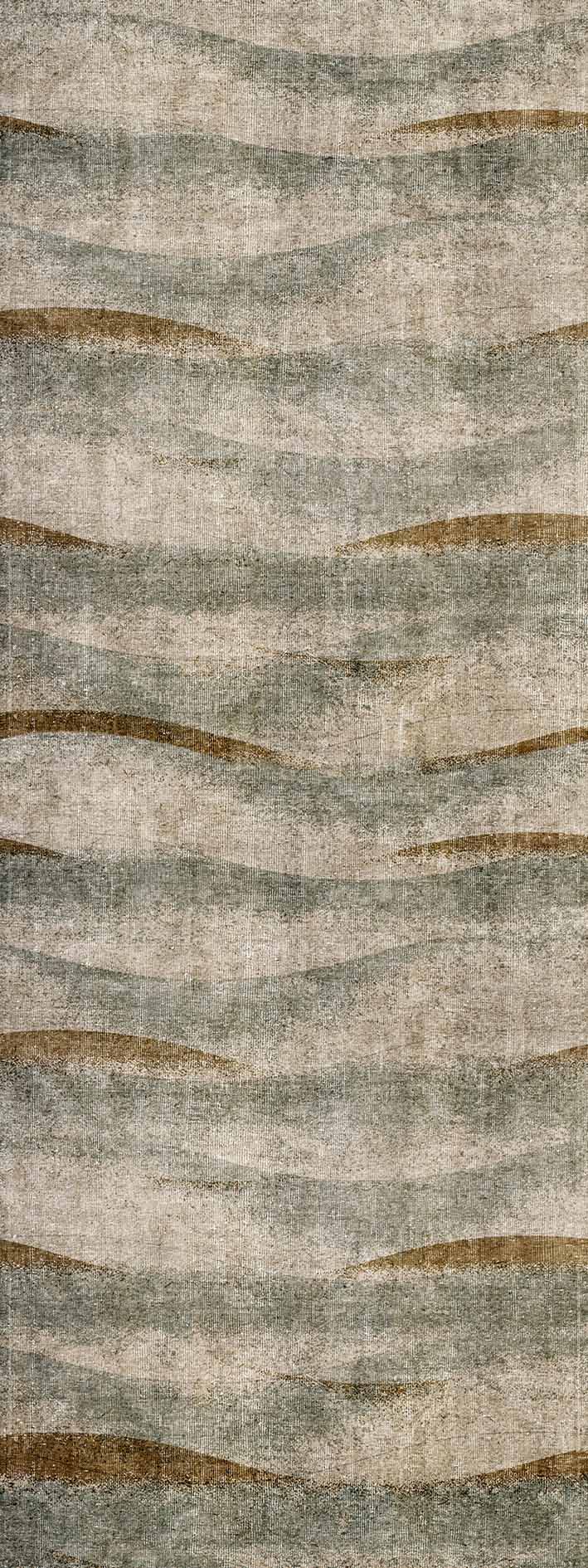 Distressed rug with horizontal wavy bands in sage green, beige, and copper brown.