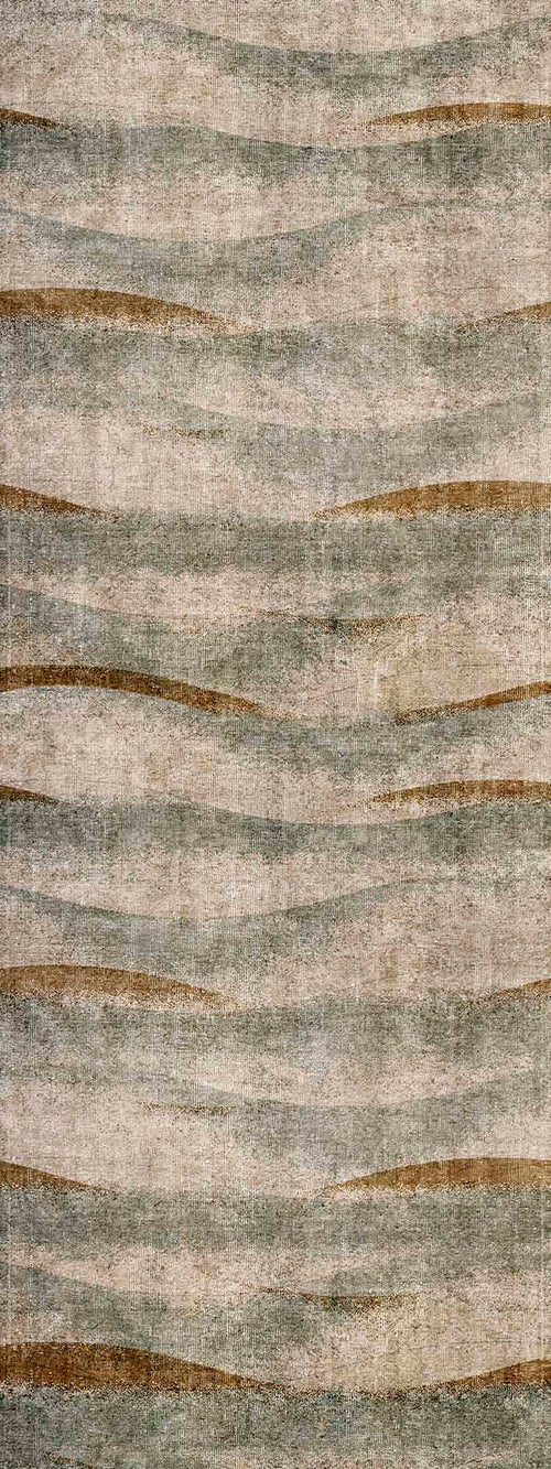 Load image 1 in gallery view. Distressed rug with horizontal wavy bands in sage green, beige, and copper brown.