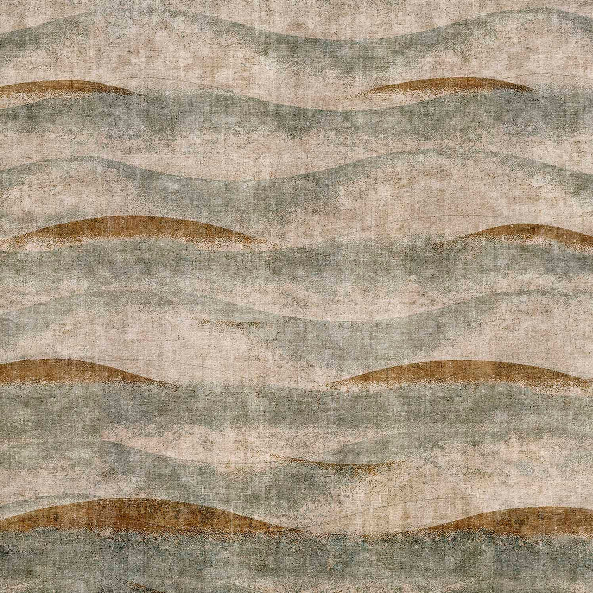 Distressed rug with horizontal wavy bands in shades of beige, sage green, and copper brown.