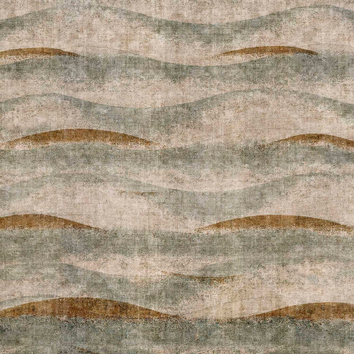 Load image 1 in gallery view. Distressed rug with horizontal wavy bands in shades of beige, sage green, and copper brown.