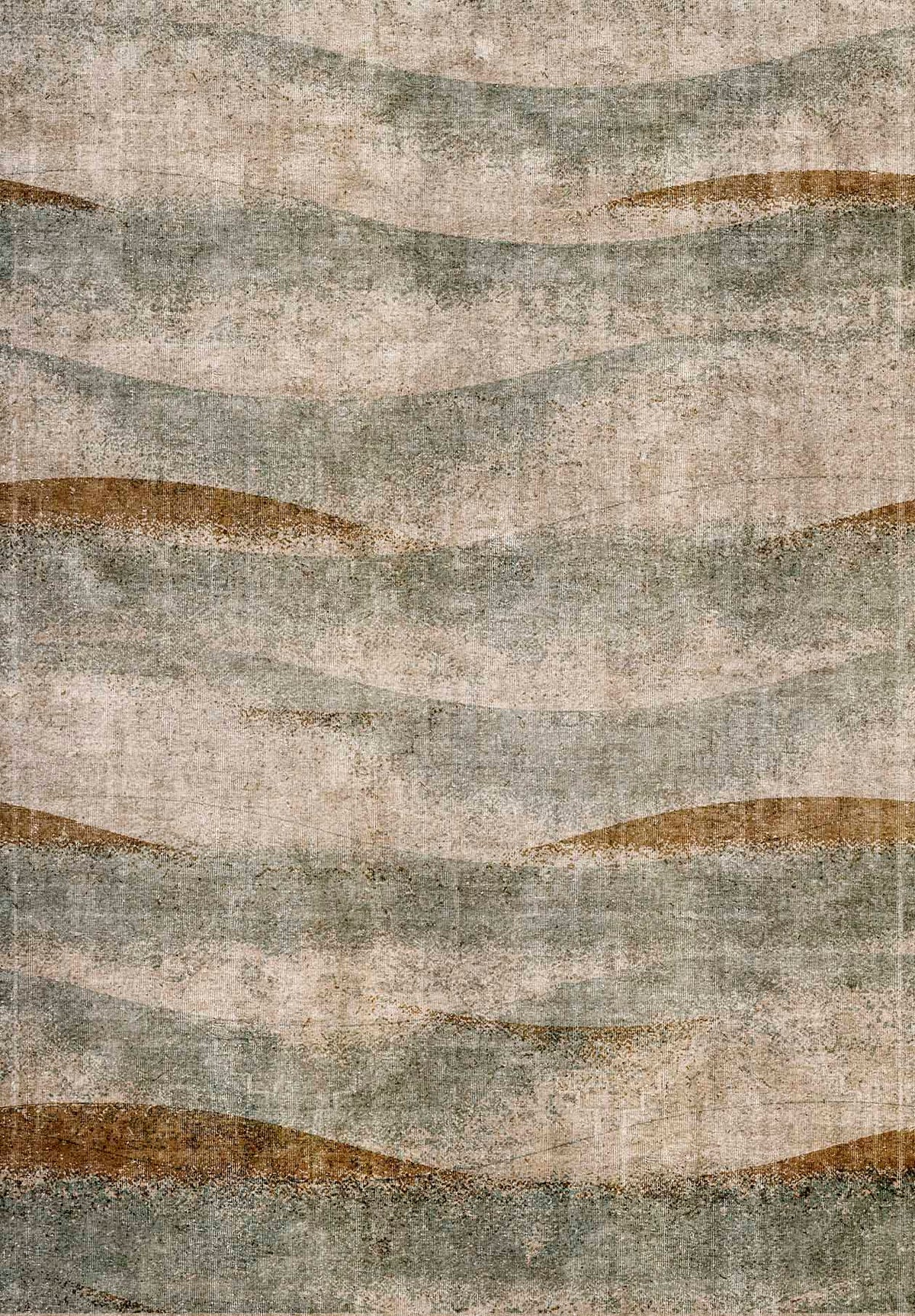 Beige, sage green, and rust orange rug with a distressed, horizontal wavy stripe pattern.