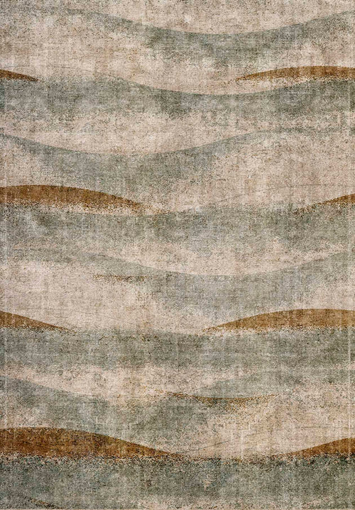 Load image 1 in gallery view. Beige, sage green, and rust orange rug with a distressed, horizontal wavy stripe pattern.