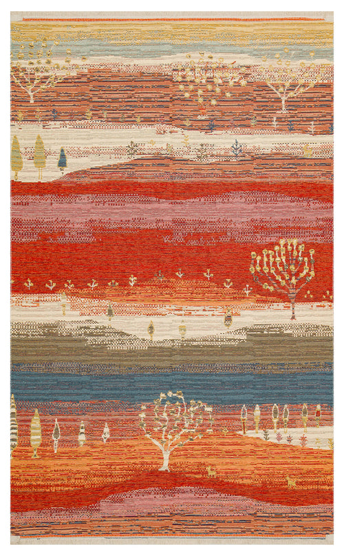 Load image 1 in gallery view. The Dust Trace - Kilim - NMD12 is a modern rug with abstract bands of red, orange, blue, and beige, adorned with small tree and animal motifs that evoke a landscape or horizon scene.