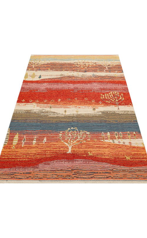 Load image 1 in gallery view. The Dust Trace - Kilim - NMD12 is a rectangular, modern kilim rug with horizontal stripes in warm reds, oranges, and yellows, accented by small tree and animal motifs throughout the pattern.