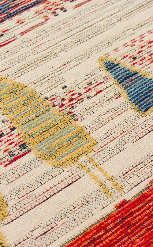 Load image 1 in gallery view. Close-up of Dust Trace - Kilim - NMD12 fabric, showcasing abstract geometric patterns in yellow, blue, red, and cream with textured woven details and repeating horizontal shapes inspired by modern kilim rugs.