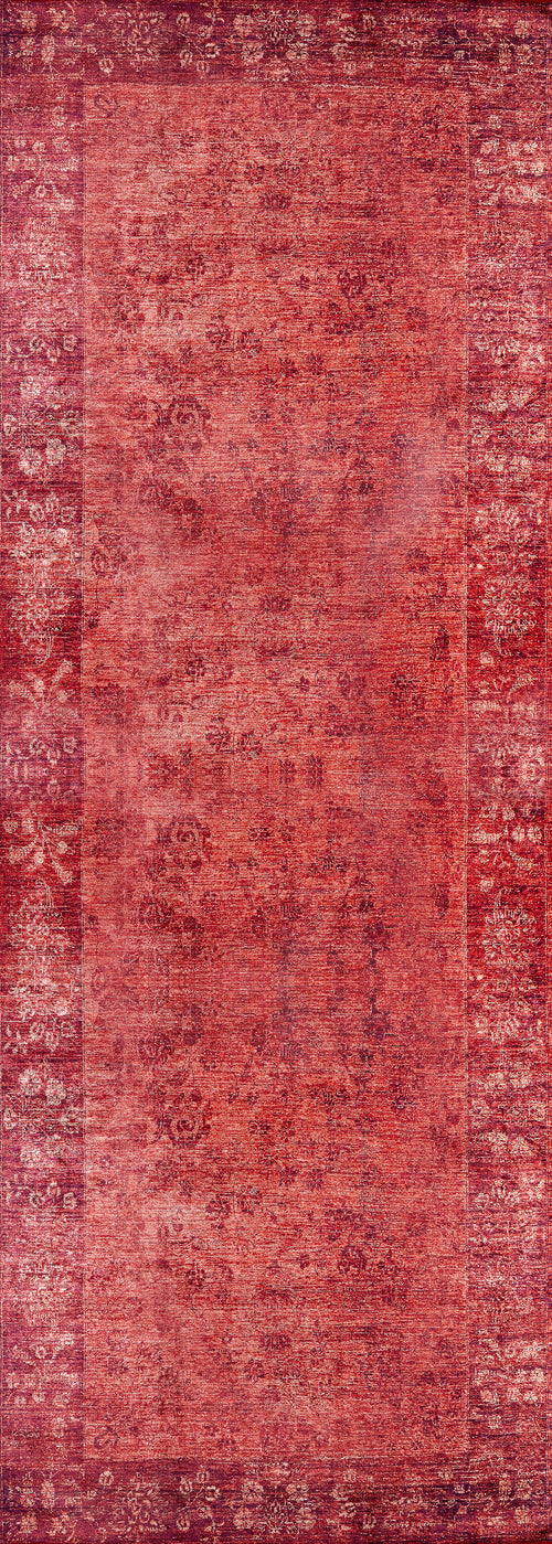 Load image 1 in gallery view. The Dynasty Dream - Washable Rug - JR160 is a rectangular, vintage-style red rug with a faded oriental pattern, darker red border, and distressed center. Its washable design combines stylish appeal with easy maintenance.