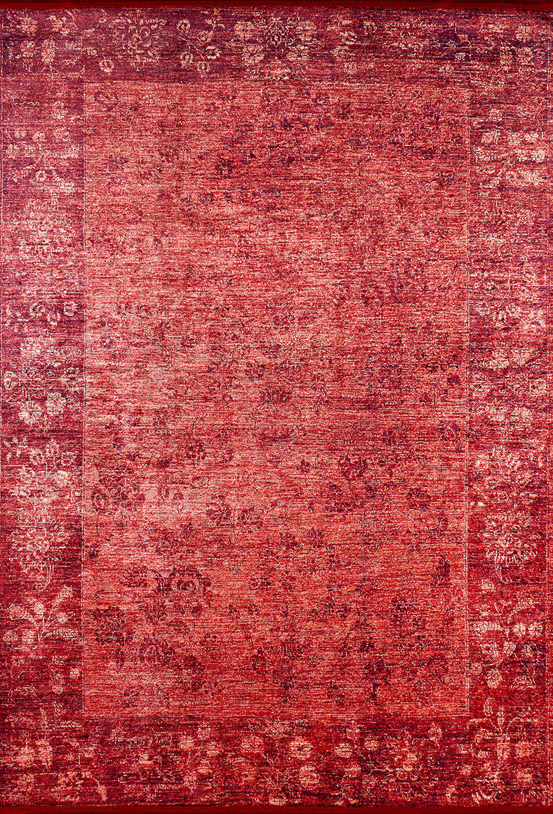 The Dynasty Dream - Washable Rug - JR160 (Custom Size) is a large red rectangular rug with a faded, distressed oriental border and a solid, textured center that's easy to clean.