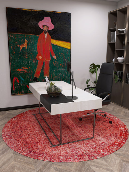 Load image 1 in gallery view. A modern office with a white desk on the Dynasty Dream - Washable Rug - JR160 (Custom Size), a black office chair, bookshelves, and a large painting of a person in red clothing and pink hat with a dog behind the desk.