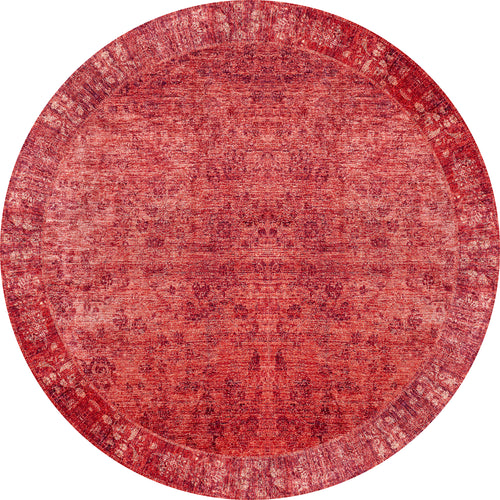 Load image 1 in gallery view. The Dynasty Dream - Washable Rug - JR160 (Custom Size) is a round red rug with a faded vintage-style oriental pattern, a deep red border, and intricate detailing. This elegant rug is easy to maintain and brings classic charm to your space.