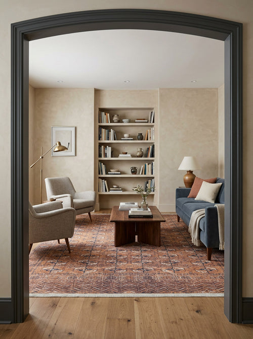 Load image 1 in gallery view. A cozy living room with the Earthy Enigma - Washable Rug - JR1937, ideal for high-traffic areas, two beige armchairs, a dark blue sofa, wooden coffee table, built-in shelves with books and decor, floor lamp, and light neutral walls seen through an arched doorway.