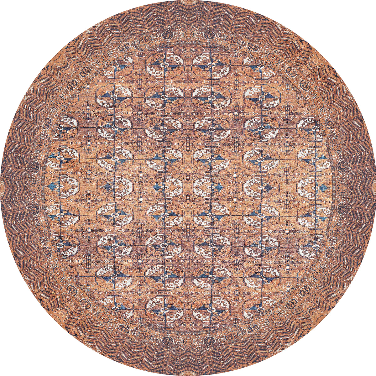 The Earthy Enigma - Washable Rug - JR1937 is a round Persian-style rug with geometric and floral patterns in brown, beige, and blue—perfect for high-traffic areas, featuring a symmetrical design and detailed borders.