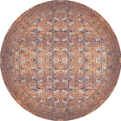 Load image 1 in gallery view. The Earthy Enigma - Washable Rug - JR1937 is a round Persian-style rug with geometric and floral patterns in brown, beige, and blue—perfect for high-traffic areas, featuring a symmetrical design and detailed borders.