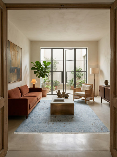 Load image 1 in gallery view. Light blue distressed rug with subtle brown accents, styled in a modern living room with a rust-colored sofa.