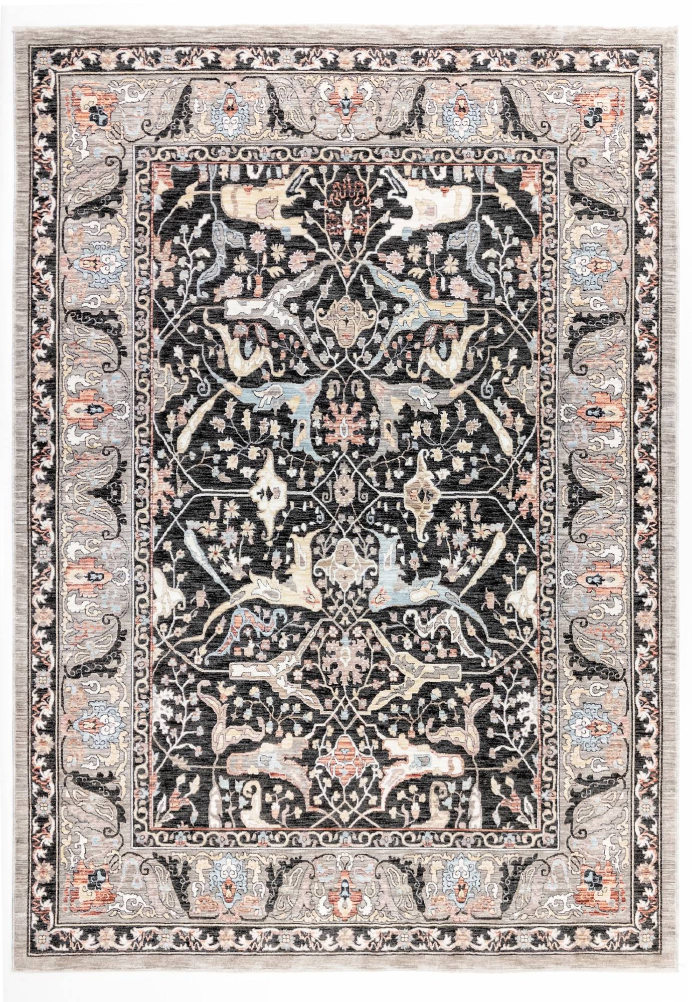 Black, grey, and muted coral traditional rug with an intricate floral and animal medallion pattern and a wide border.