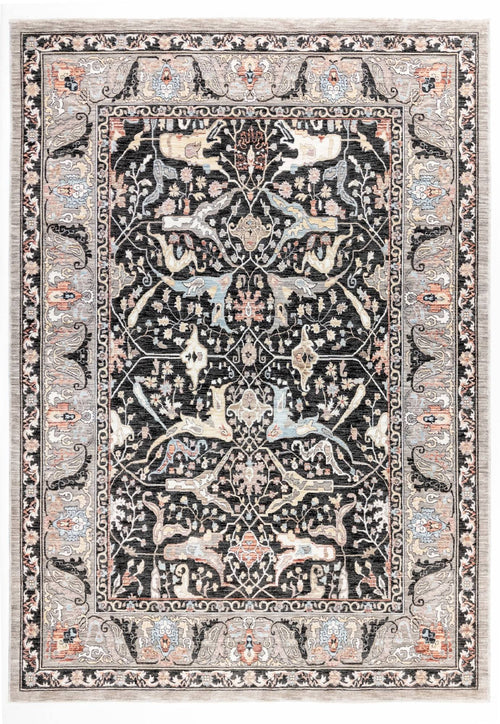 Load image 1 in gallery view. Black, grey, and muted coral traditional rug with an intricate floral and animal medallion pattern and a wide border.