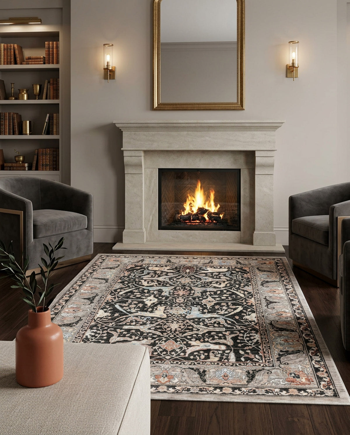 Black and beige traditional rug with a floral medallion pattern, styled in a living room with a fireplace.