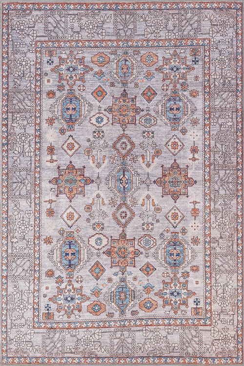 Load image 1 in gallery view. The Echelon Bordered Washable Rug - LCC3018 (Custom Size) is a rectangular, gray-anthracite rug with medallions, geometric patterns in blue, orange, and beige on a light gray background. Washable and perfect for high-traffic areas.