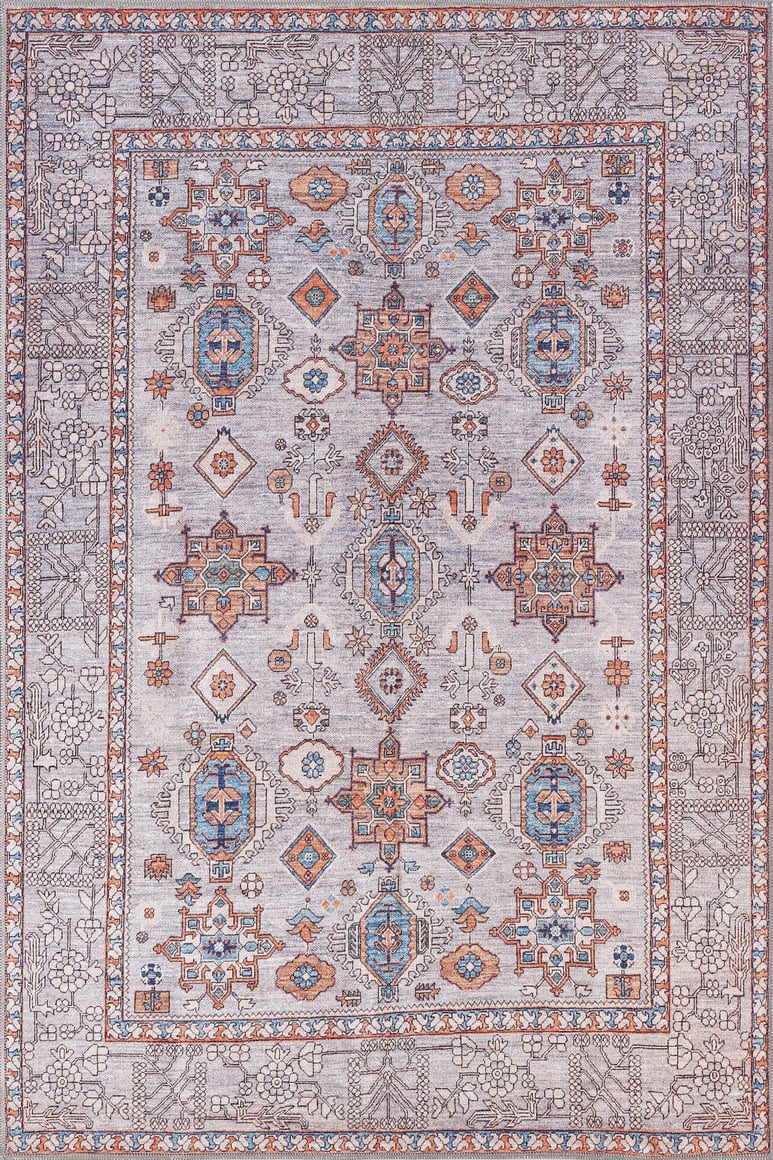 The Echelon Bordered Washable Rug - LCC3018 (Custom Size) is a rectangular, gray-anthracite rug with medallions, geometric patterns in blue, orange, and beige on a light gray background. Washable and perfect for high-traffic areas.